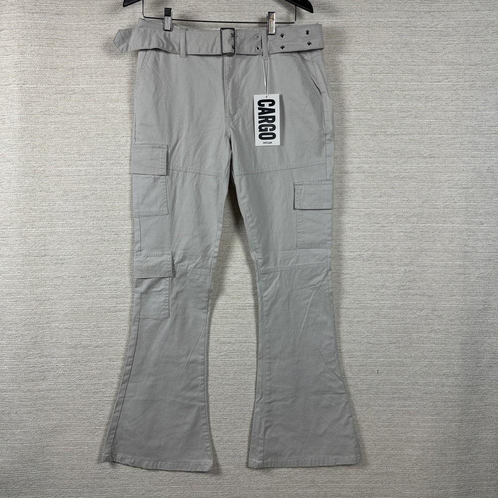 Women's M Belted Cargo Pants Utility Pocket High Waist Stretch Cotton Flare Y2K